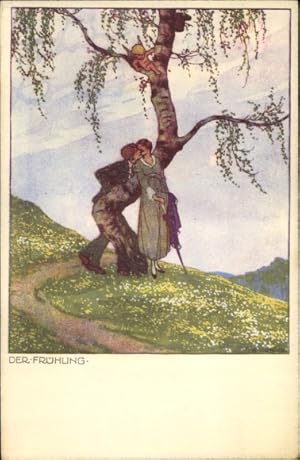 Ansichtskarte / Postkarte Allegorie, Der Frühling, Engel auf einem Baum, Liebespaar