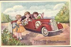 Bild des Verkufers fr Ansichtskarte / Postkarte Glckwunsch, Kinder im roten Auto, Blumen zum Verkauf von akpool GmbH