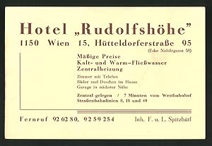 Vertreterkarte Wien, Hotel Rudolshöhe, Hütteldorferstr. 95, Bäder und Duschen