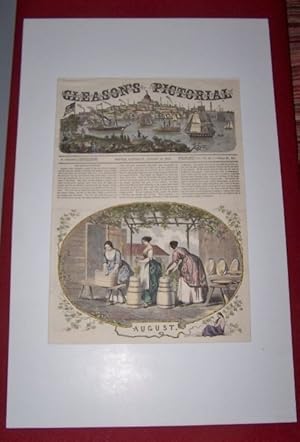 Seller image for DAIRY-MAIDS CHURNING BUTTER - AUGUST / Boston City and Boston Harbor [Hand Colored Wood Engraving] for sale by Antiquarian Bookshop