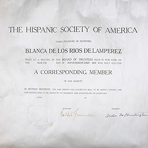 Diplôme de correspondant pour la Hispanic Society of America, décerné à Blanca de los Rios de Lam...