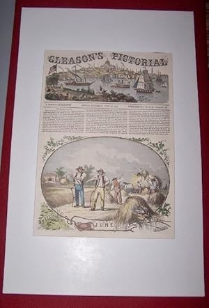 HARVESTING GRAIN in JUNE / Boston City and Boston Harbor [Hand Colored Wood Engraving]