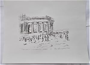 Print Pen & Ink Drawing "Coloseum [sp] With Tourists" (Athens, 1985) With Pencil Signature Of Art...