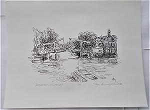 Print Pen & Ink Drawing "Drawbridge, Amsterdam" (1985) With Pencil Signature Of Artist Ron Blumberg