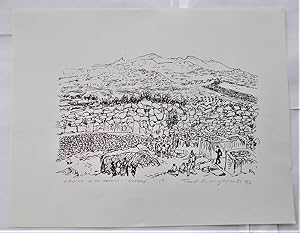 Print Pen & Ink Drawing "Ruins With Tourist" (Greece, 1985) With Pencil Signature Of Artist Ron B...