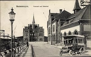 Ansichtskarte / Postkarte Skalmierzyce Alt Skalmierschütz Posen, Postamt und Bahnhof, Autobus