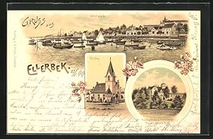 Lithographie Ellerbek, Kochschule und Pensionat Heuer-Adler`s Ruh, Kirche, Strand mit Booten