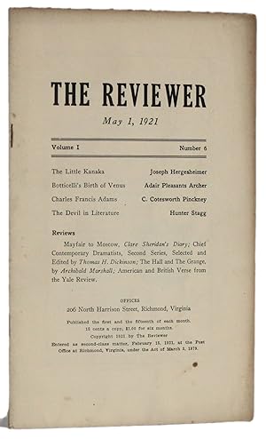 Imagen del vendedor de THE REVIEWER: May 1, 1921 (Volume 1, Number 6) a la venta por Michael Pyron, Bookseller, ABAA