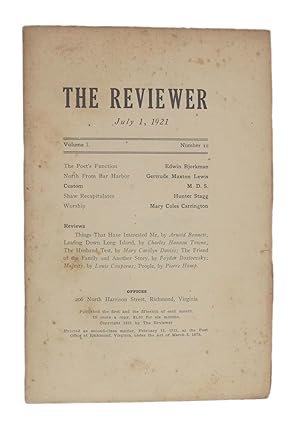 Seller image for THE REVIEWER: July 1, 1921 (Volume 1, Number 10) for sale by Michael Pyron, Bookseller, ABAA