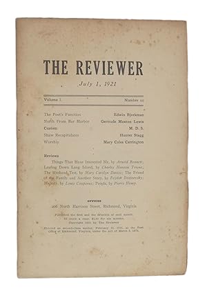 Immagine del venditore per THE REVIEWER: July 1, 1921 (Volume 1, Number 10) venduto da Michael Pyron, Bookseller, ABAA