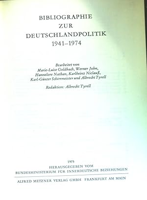 Bild des Verkufers fr Bibliographie zur Deutschlandpolitik 1941-1974. Dokument zur Deutschlandpolitik Beihefte Band 1 zum Verkauf von books4less (Versandantiquariat Petra Gros GmbH & Co. KG)