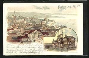 Lithographie Flensburg, Ortsansicht, Dampfschiff-Pavillon