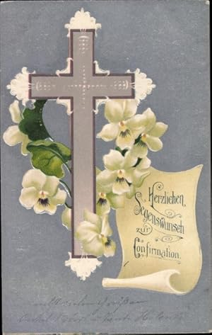 Präge Ansichtskarte / Postkarte Glückwunsch Konfirmation, Kreuz, weiße Veilchen