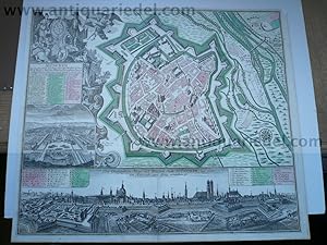 München, anno 1730, Plan+Panorama, Seutter, altkol. München. "München, die weit berühmt. Haupt u:...