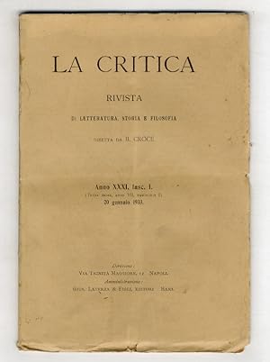 CRITICA (LA). Rivista di letteratura, storia e filosofia diretta da B. Croce. Anno XXXI, 1933, fa...