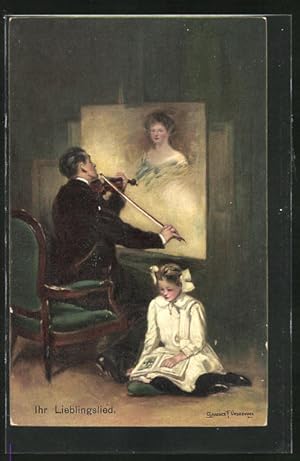 Bild des Verkufers fr Knstler-Ansichtskarte Clarence F. Underwood: Ihr Lieblingslied, Mann spielt romantisches Lied fr seine Liebste auf einer Geige zum Verkauf von Bartko-Reher