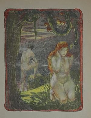 "Adam und Eva". Farbige Original-Lithographie auf gräulichem Papier, am Unterrand typographisch b...