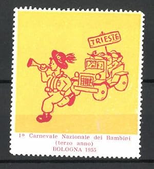 Bild des Verkufers fr Reklamemarke Bologna, 1. Carnevale Nazionale dei Bambini 1955, Knabe mit Trompete, Auto fhrt hinterher zum Verkauf von Bartko-Reher