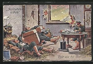 Bild des Verkufers fr Knstler-Ansichtskarte Arthur Thiele: Soldaten-leben, Bald wie bei Muttern, Soldaten auf der chaotischen Stube zum Verkauf von Bartko-Reher