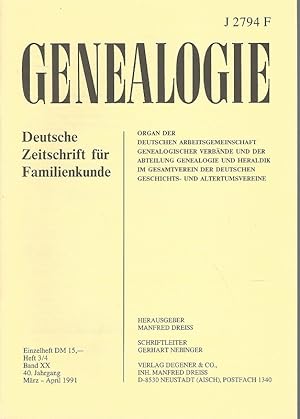Image du vendeur pour Genealogie. Band 20. Heft 3-4. 40. Jahrgang. Mrz-April 1991. Deutsche Zeitschrift fr Familienkunde. J 2794 F. mis en vente par Lewitz Antiquariat
