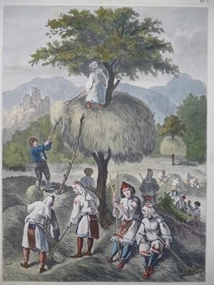 kolorierter Holzstich Heuernte bei den serbischen Bauern ( Tracht Brauchtum ) n. e. Orig.-Skizze ...