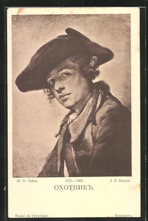 Bild des Verkufers fr Knstler-Ansichtskarte J. B. Greuze: Portrait Herr mit Hut, Muse de l`Ermitage, Rotes Kreuz Russland zum Verkauf von Bartko-Reher