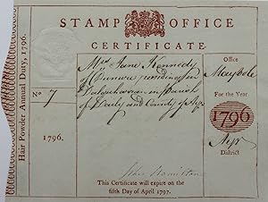 Stamp Office Certificate. Hair Powder Annual Duty, 1796. Mrs Jane Kennedy of Danure, residing in ...