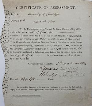 Certificate of Assessment University of Cambridge, Pembroke Hall.Under an Act."An Act for grantin...