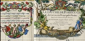 Image du vendeur pour Le Duch De Pomeranie divis en ses Principales Parties / Dress sur les Memoires les plus Nouveaux Par le Sr. Sanson, Geographe Ordinaire du Roy. [oben auerhalb: Le Duch De Pomeranie, Compris Sous Le Cercle De La Haute Saxe, divis suivant qu'il est Presantement Partag entre la Couronne de Suede, et / l'Eslecteur de Brandebourg, ou sont Les Duchs de Pomeranie, de Stettin, de Wolgast, de Bardt, de Cassubie, et de Vandalie, la Principaut et Isle de Rugen, le Comte de Gutzkow, les Seigneuries de Lowenboch, et de Butow. Par le Sr. Sanson, Geograph Ordinaire du Roy] a Amsterdam / Chez Pierre Mortier et Compagnie. / Avec Privilege - Zwei Kartuschen oben Mitte: links fnffacher Meilenweiser auf gerolltem Tuch, darunter zwei Tritonen und ein Putto, darber Schweifwerk, rechts in Jagd- und Fischerszenen eingesetzte Titelei. mis en vente par Antiquariat & Buchhandlung Rose