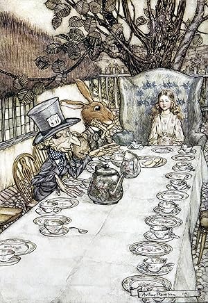 Postal de la ilustración A Mad Tea Party para la obra Alicia en el País de las Maravillas