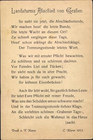 Gedicht Ansichtskarte / Postkarte Klorer, Landsturms Abschied vom Graben