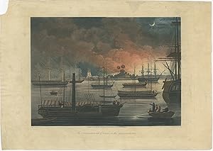 Antique Print of the Conflagration of Dalla by Hunt (1826)