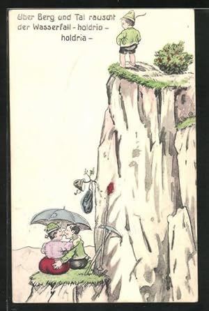 Bild des Verkufers fr Ansichtskarte ber Berg und Tal., Junge pinkelt Paar auf Sonnenschirm, Toilettenhumor zum Verkauf von Bartko-Reher