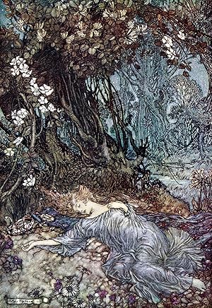 Postal de la ilustración Titania Lying Asleep para la obra Sueño de una noche de verano