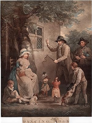 Antique Master Print-DANCING DOGS-FAMILY-BAGPIPE-Gaugain-Morland-1790