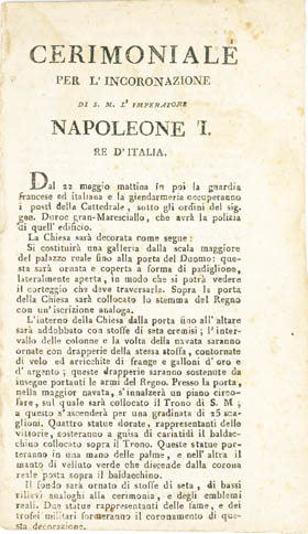 Bild des Verkufers fr Cerimoniale per l Incoronazione di S.M. L Imperatore Napoleone I Re d Italia zum Verkauf von Libreria Antiquaria Pontremoli SRL