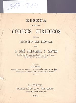 Bild des Verkufers fr RESEA DE ALGUNOS CODICES JURIDICOS DE LA BIBLIOTECA DEL ESCORIAL (FACSIMIL DE LA EDICION DE 1883) zum Verkauf von Libreria 7 Soles