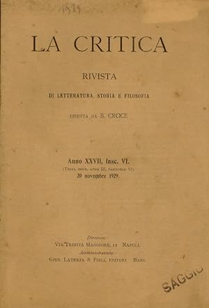 CRITICA (LA). Rivista di letteratura, storia e filosofia diretta da B. Croce. Volume XXVII, 1929....