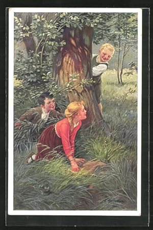 Seller image for Knstler-Ansichtskarte R. Borrmeister: Versteck, frecher Bube versteckt sich vor Spielkameraden hinter einem Baum for sale by Bartko-Reher