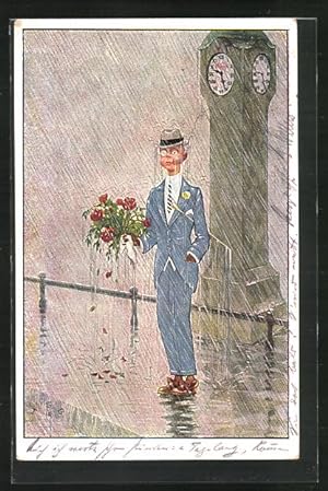 Seller image for Knstler-Ansichtskarte H.S.B.: Rosenkavallier steht im Regen vor der Uhr for sale by Bartko-Reher