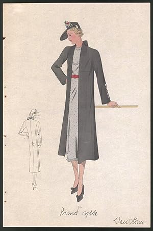 Bild des Verkufers fr Modeentwurf Art Deco 1937, Dame mit Hut im grauen Kleid mit rotem Grtel, Lithographie Atelier Bachwitz, Wien zum Verkauf von Bartko-Reher