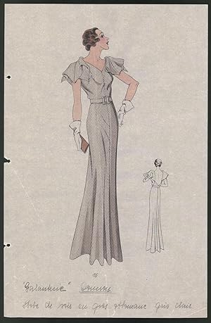 Bild des Verkufers fr Modeentwurf Art Deco 1934, Dame im grauen Abendkleid ohne rmel, Lithographie Atelier Bachwitz, Wien zum Verkauf von Bartko-Reher