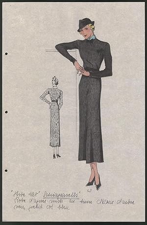 Bild des Verkufers fr Modeentwurf Art Deco 1934, Blondine im grauen Kleid mit Fliege, Lithographie Atelier Bachwitz, Wien zum Verkauf von Bartko-Reher