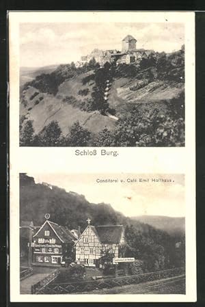 Ansichtskarte Solingen, Die Schloss Burg und Conditorei und Cafe Emil Holthaus