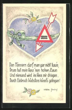 Seller image for Knstler-Ansichtskarte Herz mit Schleifchen und Warnung fr einen hohen Zaun, Spruch von Wilhelm Jondorf for sale by Bartko-Reher