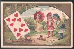 Bild des Verkufers fr Sammelbild Chocolat Gurin-Boutron, Dix de Coeur, Bont, Herz-Karte, zwei Mdchen beobachten Hennen und Kken zum Verkauf von Bartko-Reher