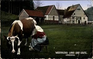 Ansichtskarte / Postkarte Westfalens Land und Leute, Landidyll, Frau beim Melken einer Kuh