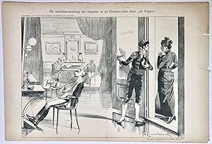 [Original lithograph/lithografie by Johan Braakensiek] De openbaarmaking der enquête in de Dreifu...