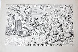 Seller image for Satiricial lithography with the text: Den haan vlucht naar het kot, bij sijne broertje Hennen. Hem lust de kaast niet meer. Den Arent grypt hem aan. Matroos en Dogg komt hem te saam nae 't gat te rennen. 'tWestfaalse Swyn is vet, en 't wroeten nu gedaan. Sinjoor en Batavier die willen hun verzaden, d'een stooft den Haan in 't sop, en d'ander wil hem braden. for sale by Antiquariaat Arine van der Steur / ILAB