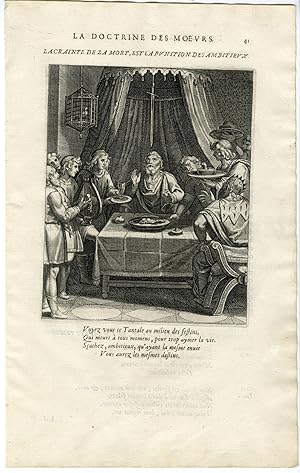 Antique Print-DEATH-AMBITION-SWORD-DAMOCLES-TANTALUS-BANQUET-Vaenius-Daret-1646
